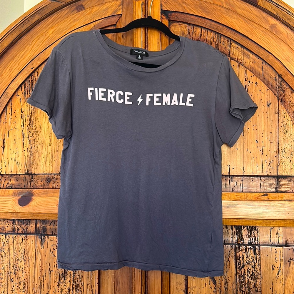 Wildfox Fierce Female Gray Distressed Short Sleeve Top shirt feminist